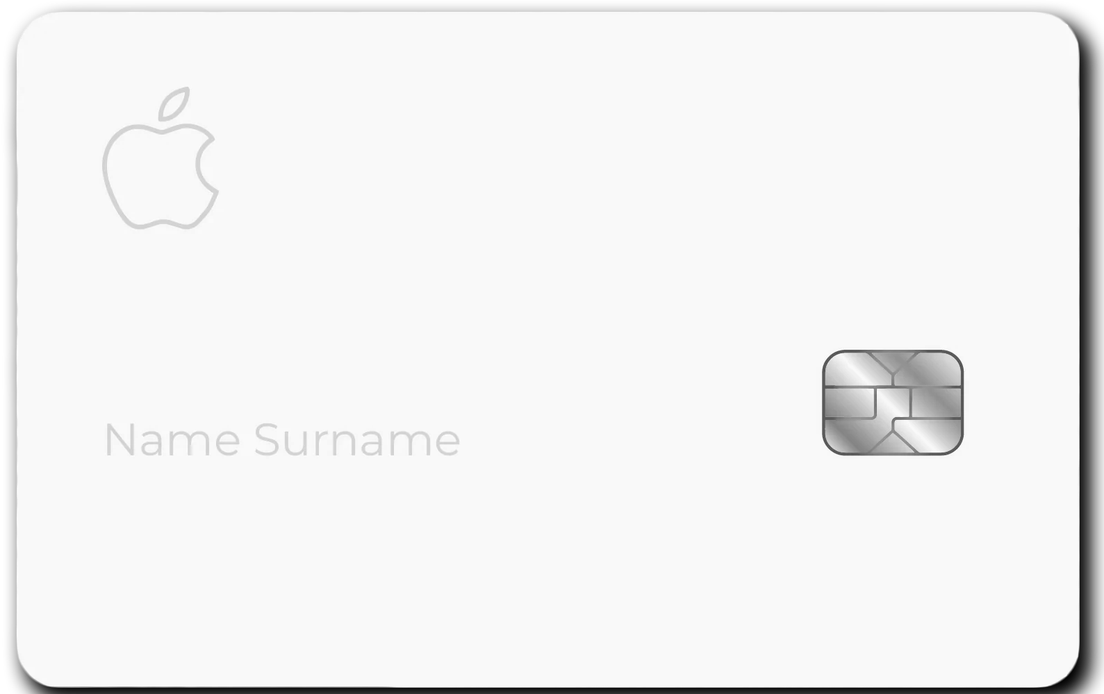 Minimalist metal Apple card with chip, silver Apple logo, and Name Surname text on white background