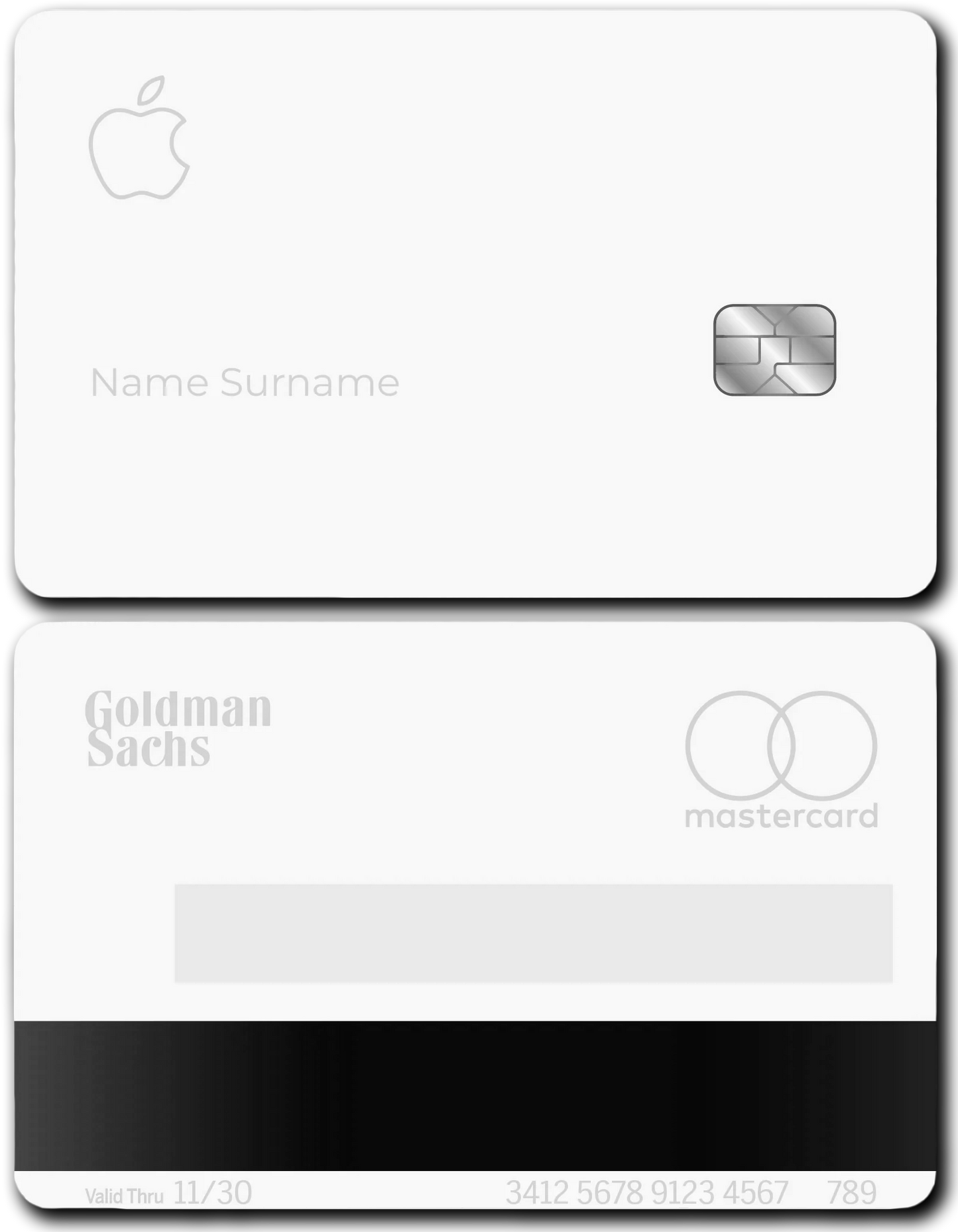 Metal Apple credit card with chip, minimalist white design, Goldman Sachs and Mastercard logos.