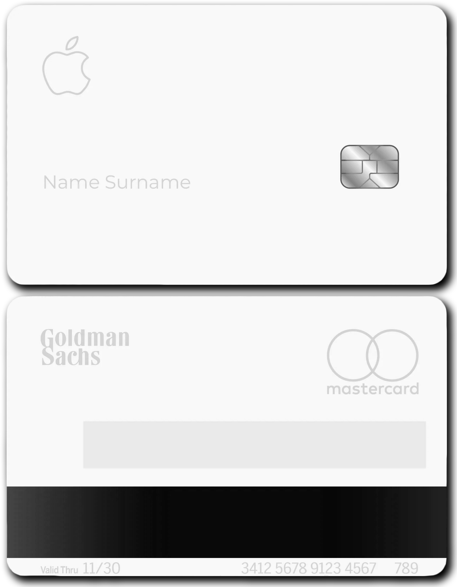 Metal Apple credit card with chip, minimalist white design, Goldman Sachs and Mastercard logos.