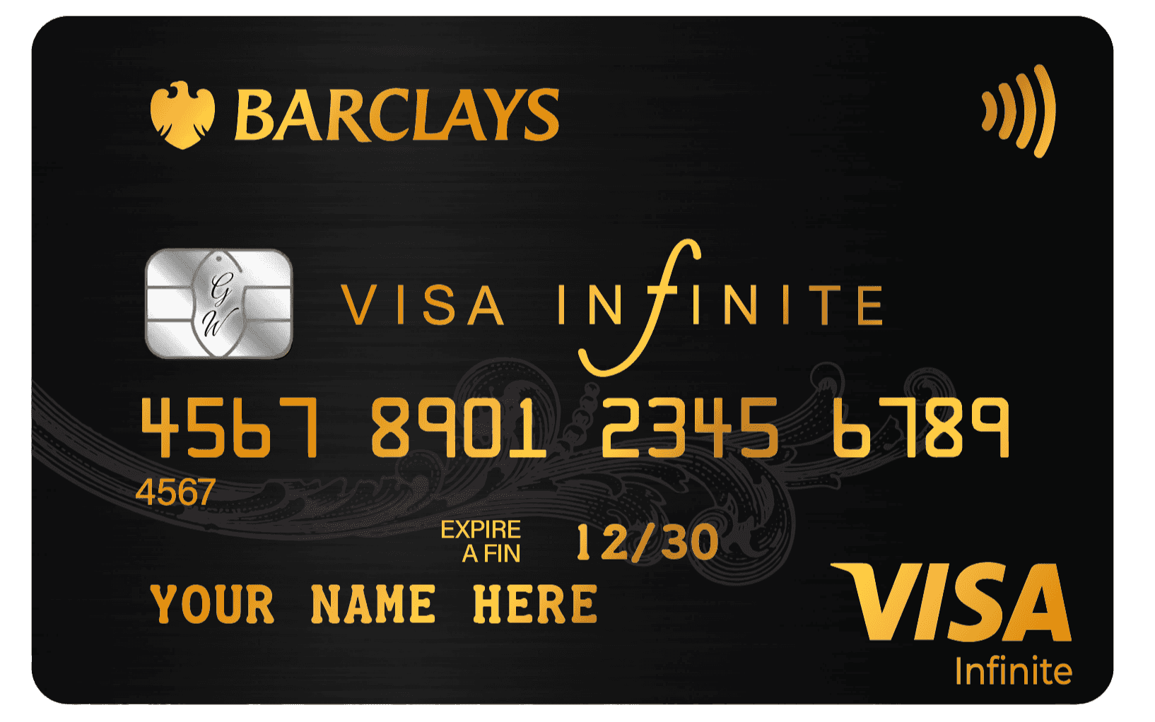 Barclays gold metal Visa Infinite credit card with contactless icon on black background