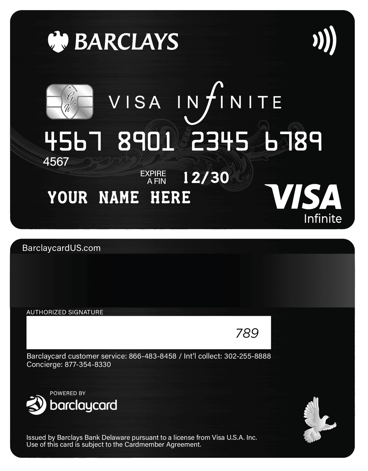 Barclays Visa Infinite black metal card with chip, contactless icon, embossed details.