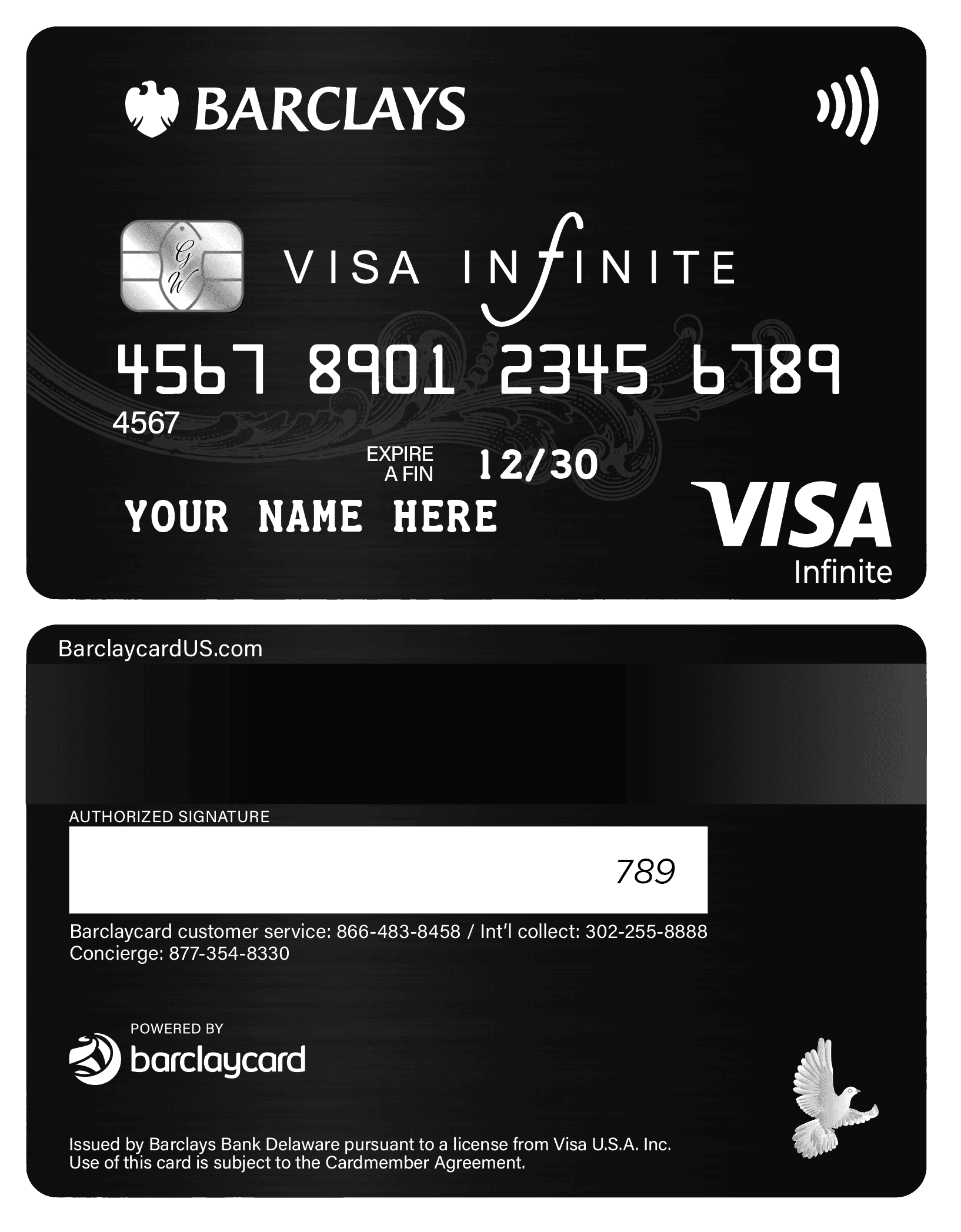 Barclays Visa Infinite black metal card with chip, contactless icon, embossed details.