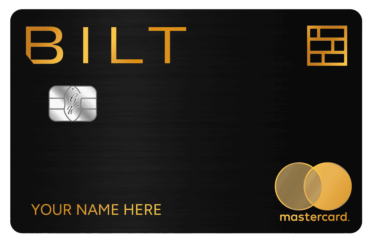 Black metal Bilt Mastercard with gold lettering and chip, customizable name, premium card