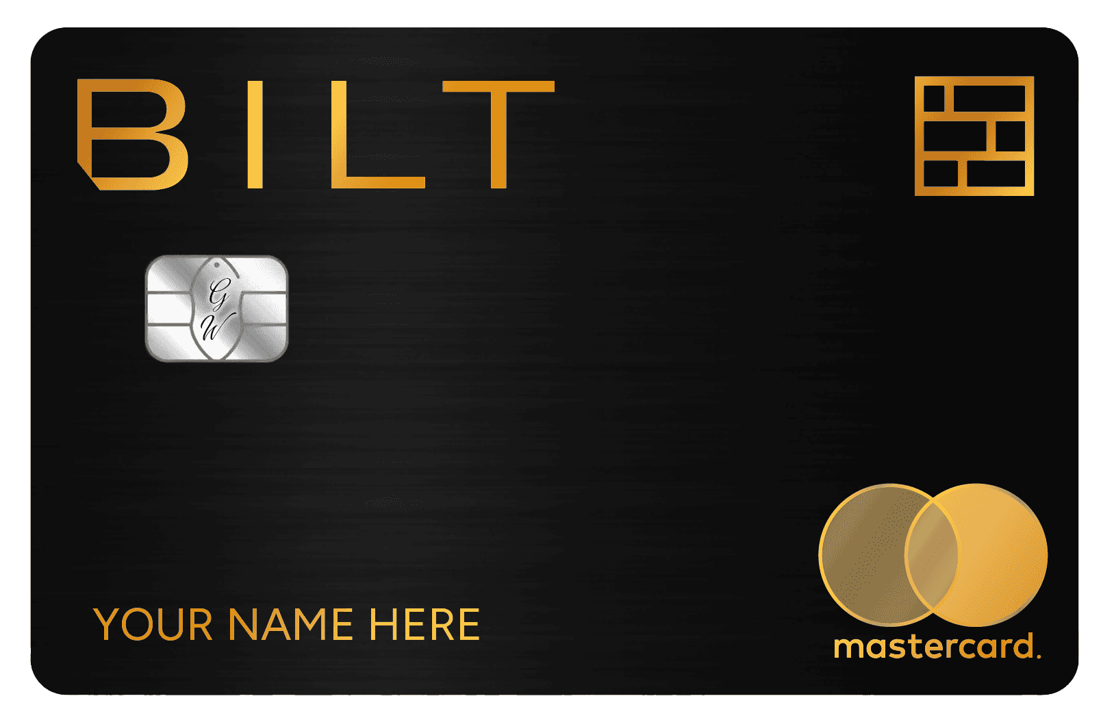 Black metal Bilt Mastercard with gold lettering and chip, customizable name, premium card