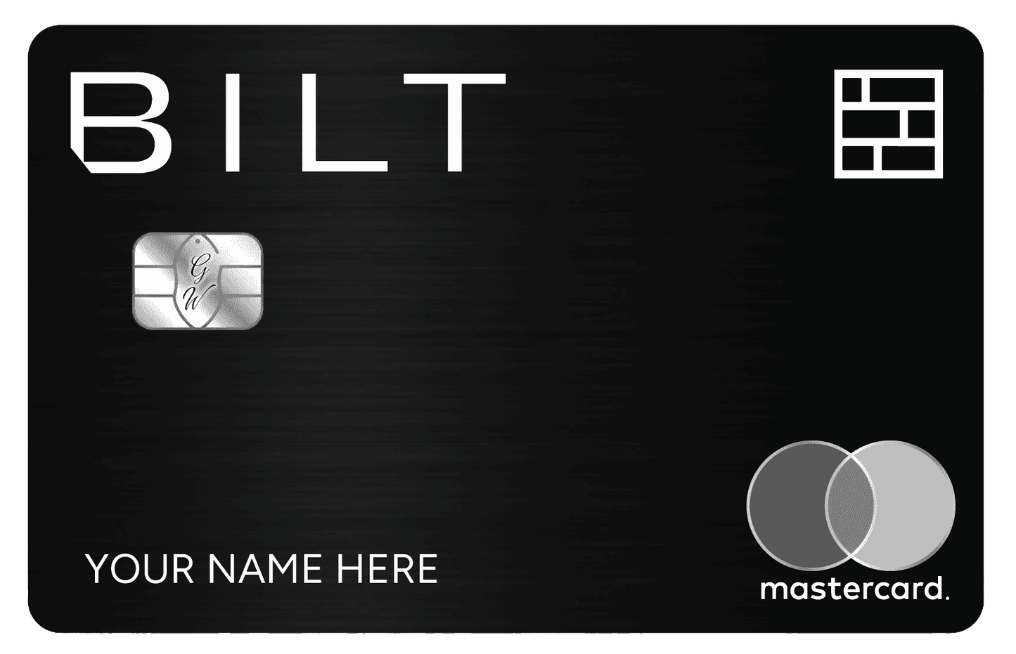 Black metal BILT Mastercard with chip, minimalist design, custom name, and geometric logo.