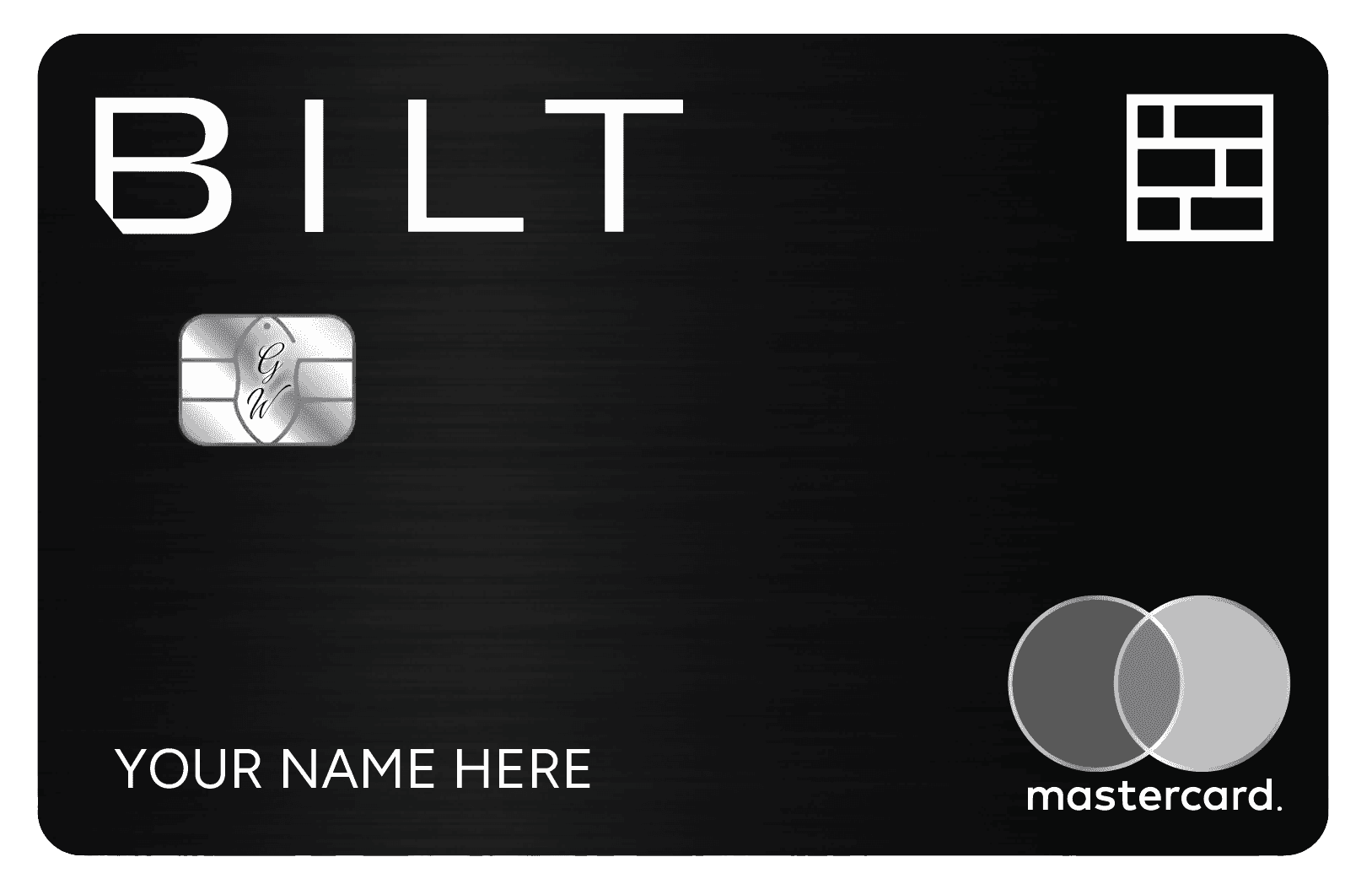 Black metal BILT Mastercard with chip, minimalist design, custom name, and geometric logo.