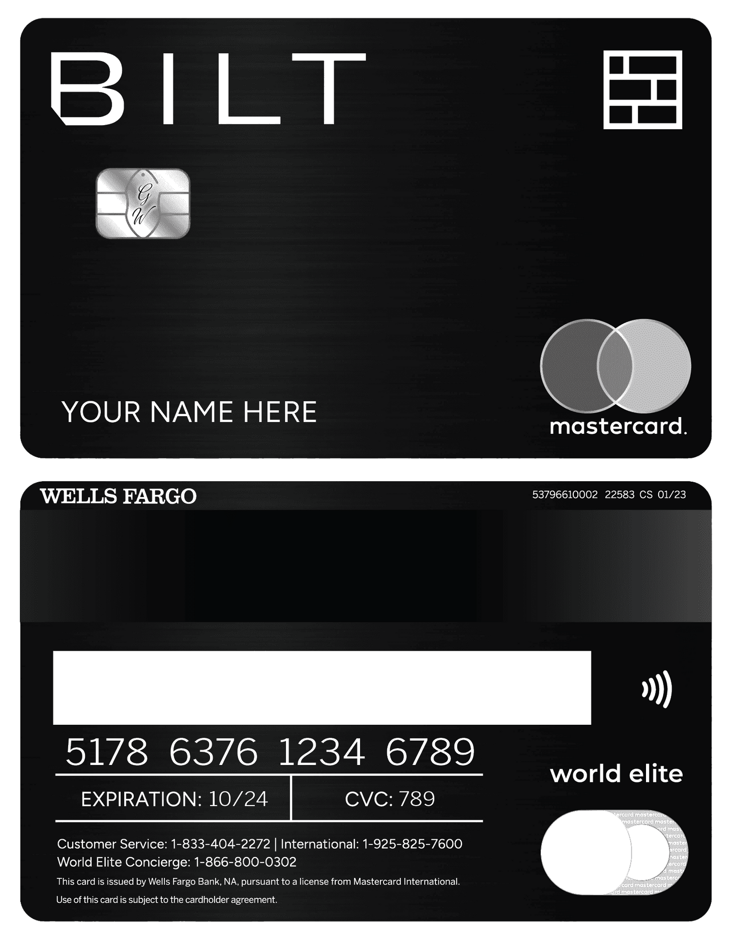 Bilt metal credit card with black design, Mastercard and Wells Fargo branding, chip and swipe strip