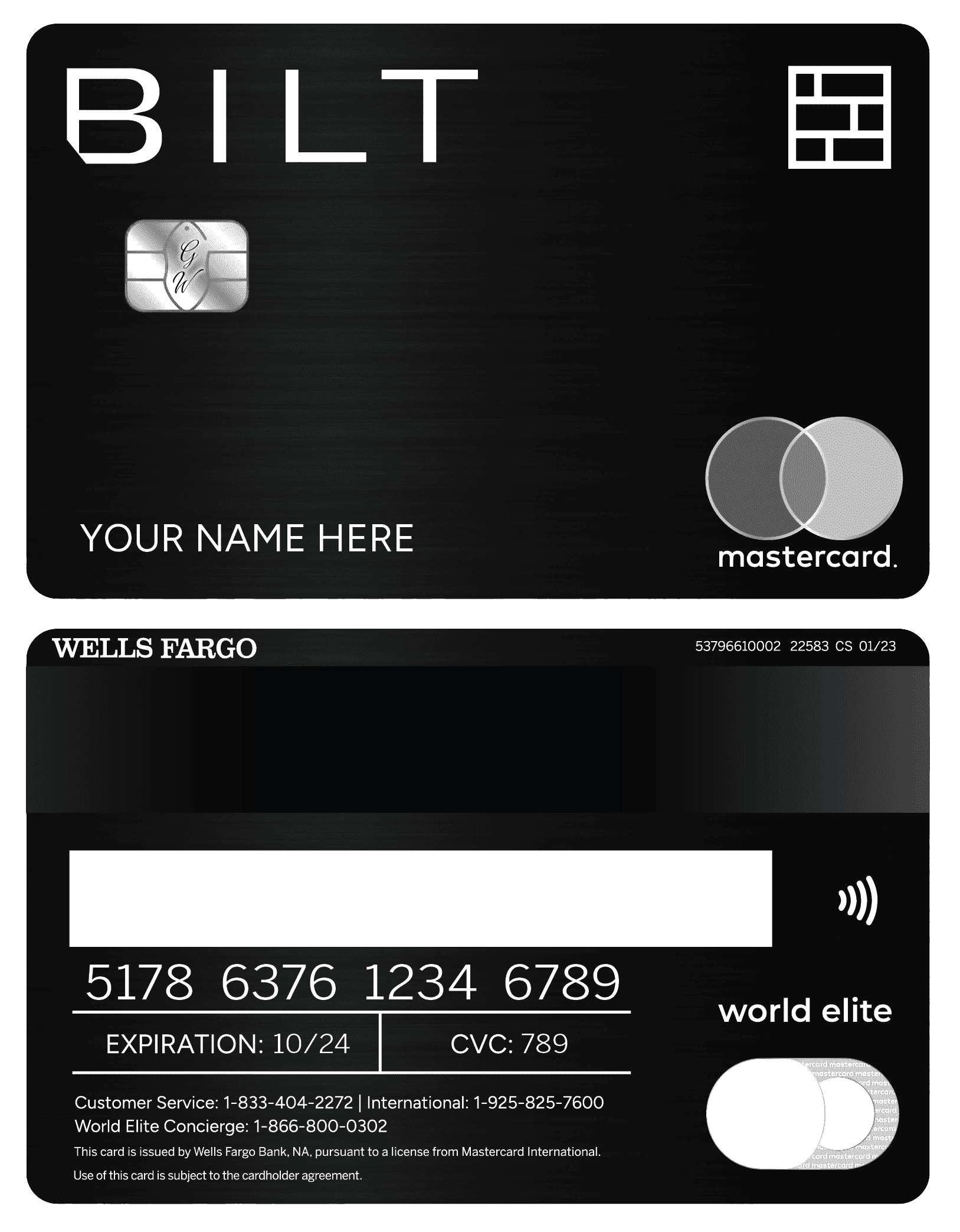 Bilt metal credit card with black design, Mastercard and Wells Fargo branding, chip and swipe strip