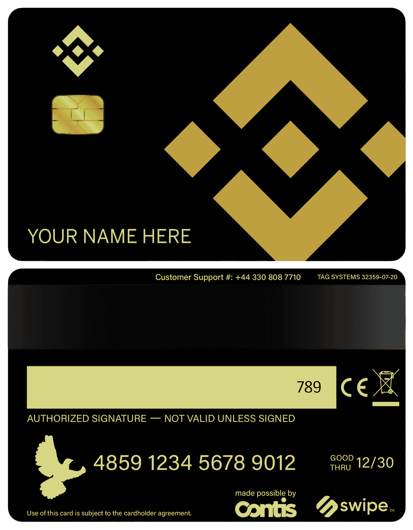 Gold metal Binance card with chip, large Binance logo, black background, and payment details.