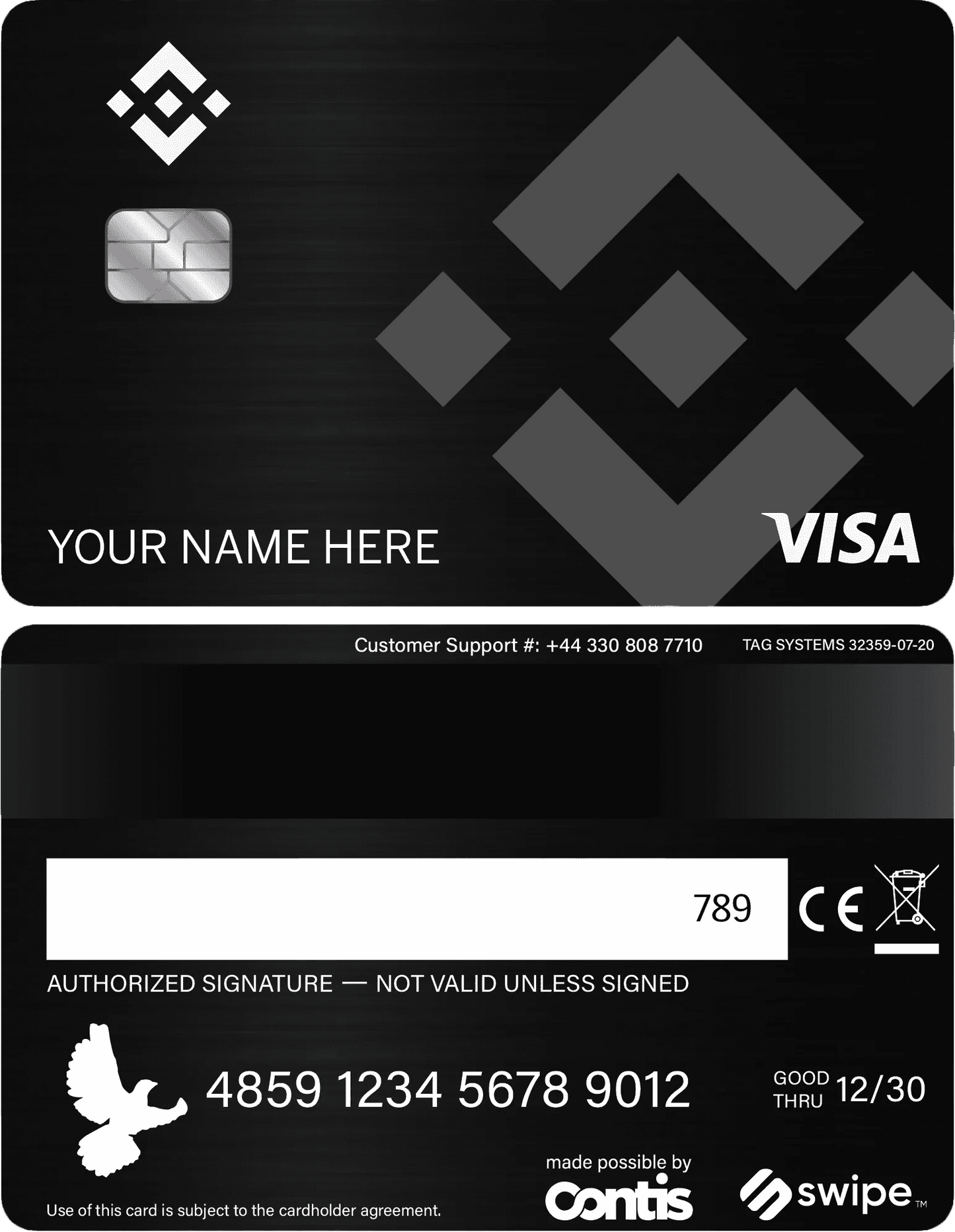 Binance silver metal card with Visa logo, chip, and customizable name on a black background.