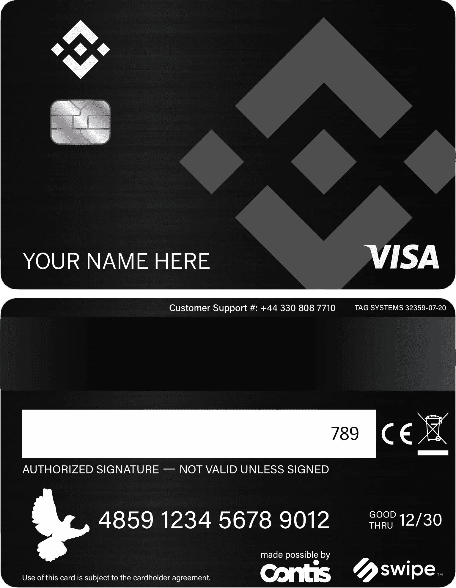 Binance silver metal card with Visa logo, chip, and customizable name on a black background.