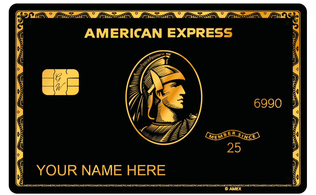 Black and gold metal card with American Express design, customizable name, luxury style