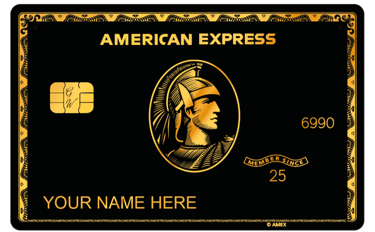 Black and gold metal card with American Express design, customizable name, luxury style