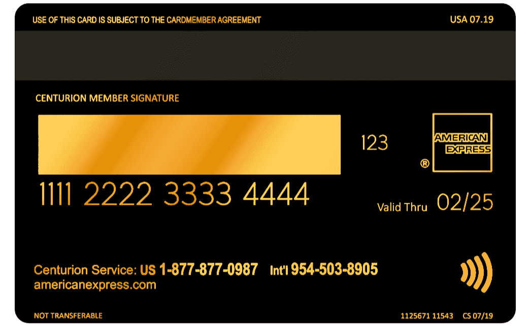 Black and gold American Express metal card with Centurion details and contact info.