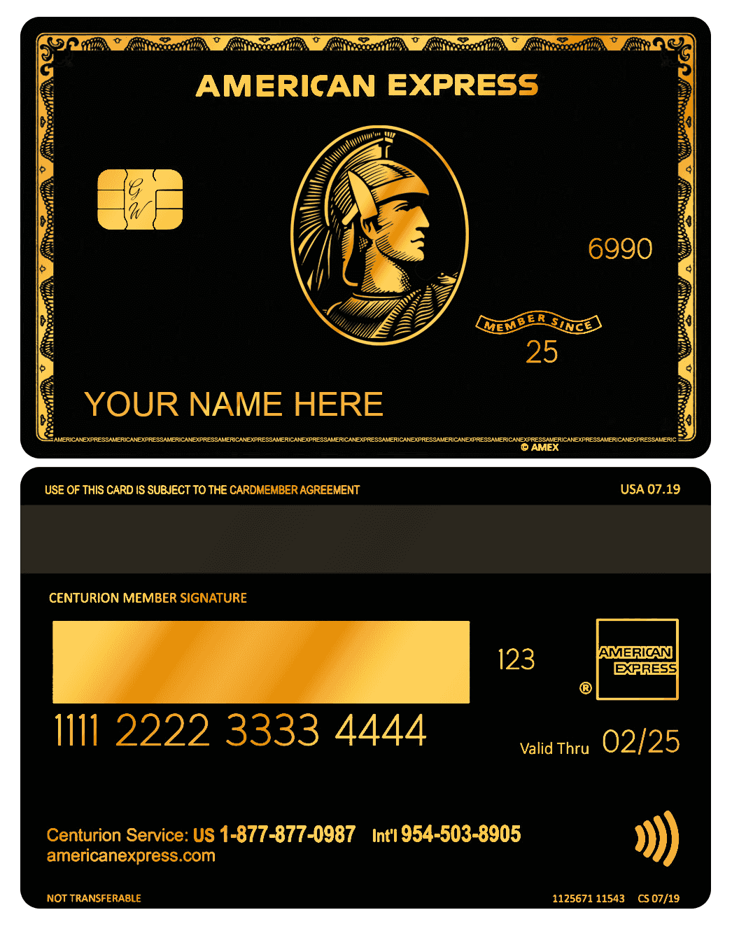 Black and gold custom metal credit card with American Express branding and warrior design.
