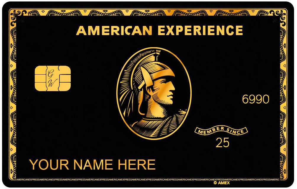 Black and gold metal card with chip, Roman profile, and customizable name.
