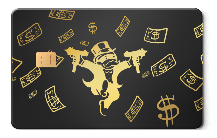 Black metal card with gold cartoon millionaire, dollar signs, and money graphics.