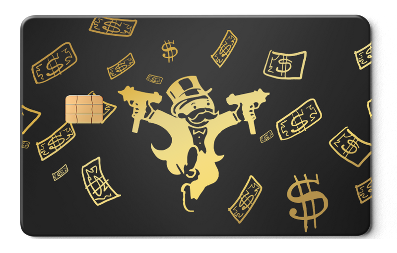 Black metal card with gold cartoon millionaire, dollar signs, and money graphics.