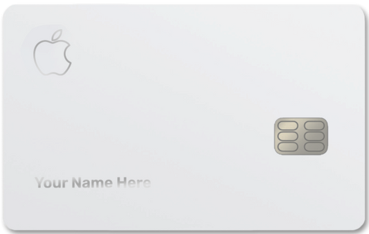 White metal card with Apple logo, chip, and customizable name, luxury metal card design
