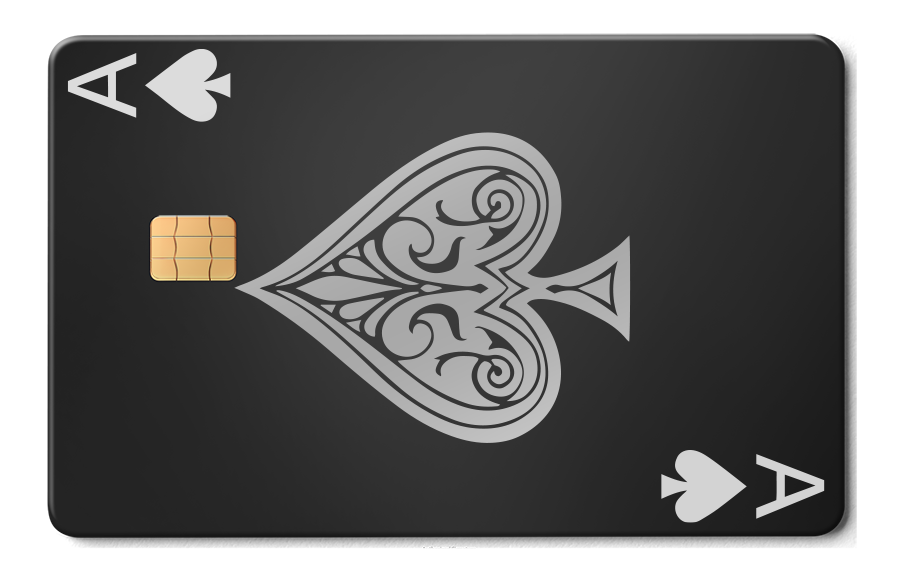 Black metal Ace of Spades card with silver details and a gold chip