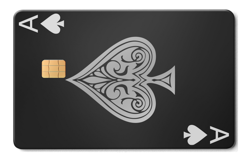 Black metal Ace of Spades card with silver details and a gold chip