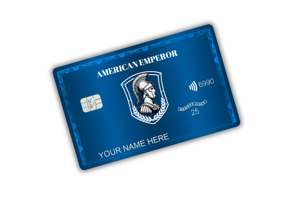 Blue American Express metal card showcased in hero section with sleek luxury design and premium craftsmanship for elite international clients