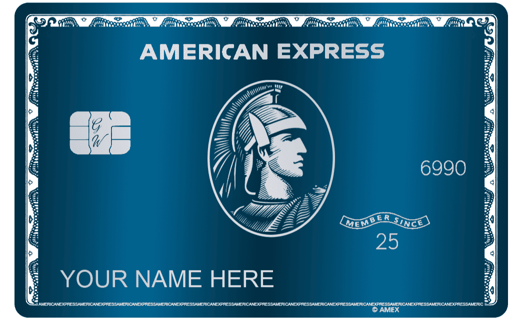 blue custom metal American Express card with chip and centurion design
