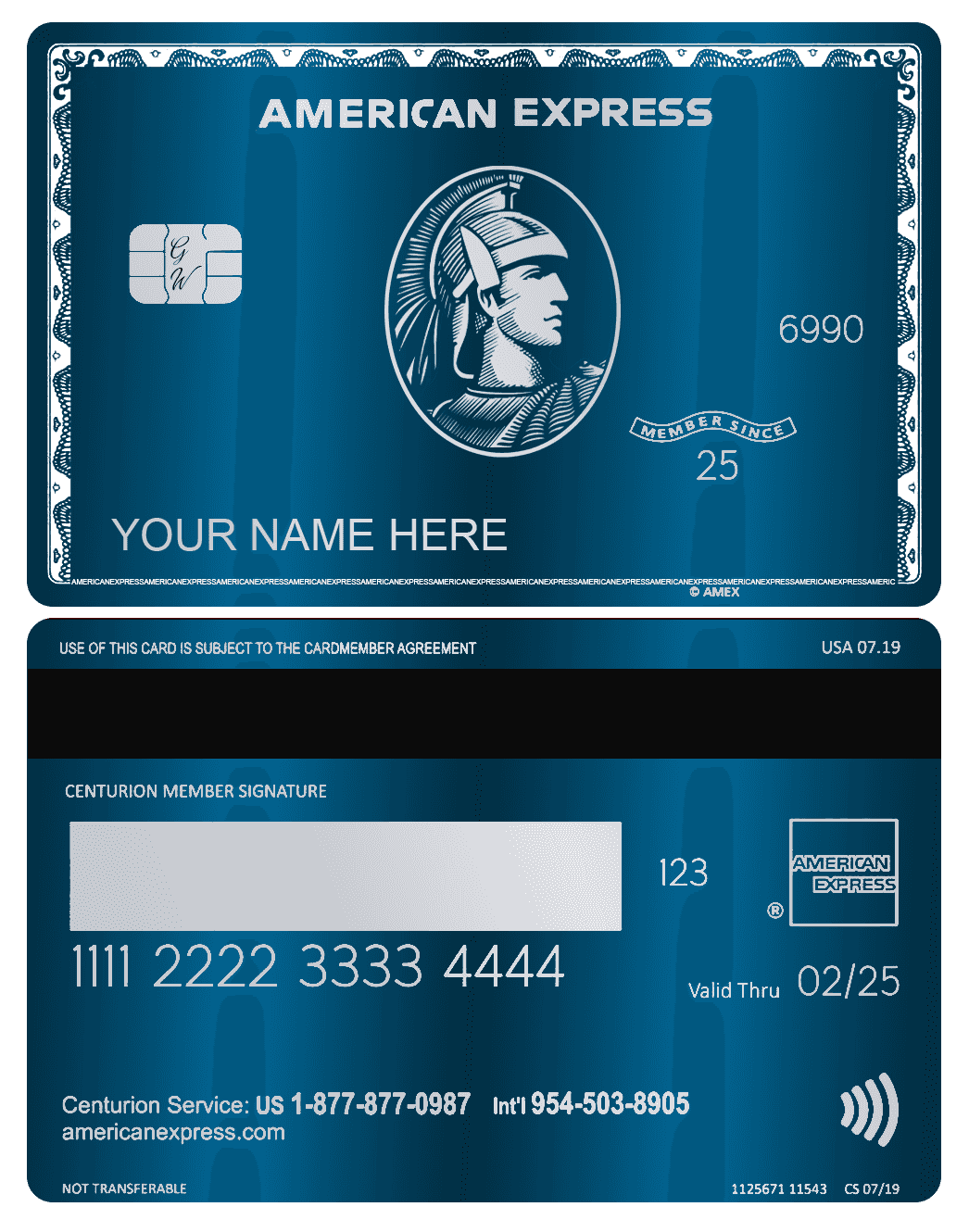 Blue metal American Express card with centurion design, chip, and contactless payment symbol.