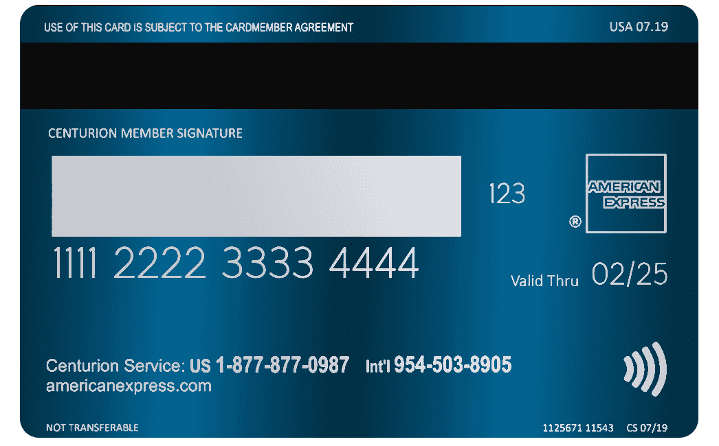 Blue metal American Express card with chip, signature panel, and contactless symbol