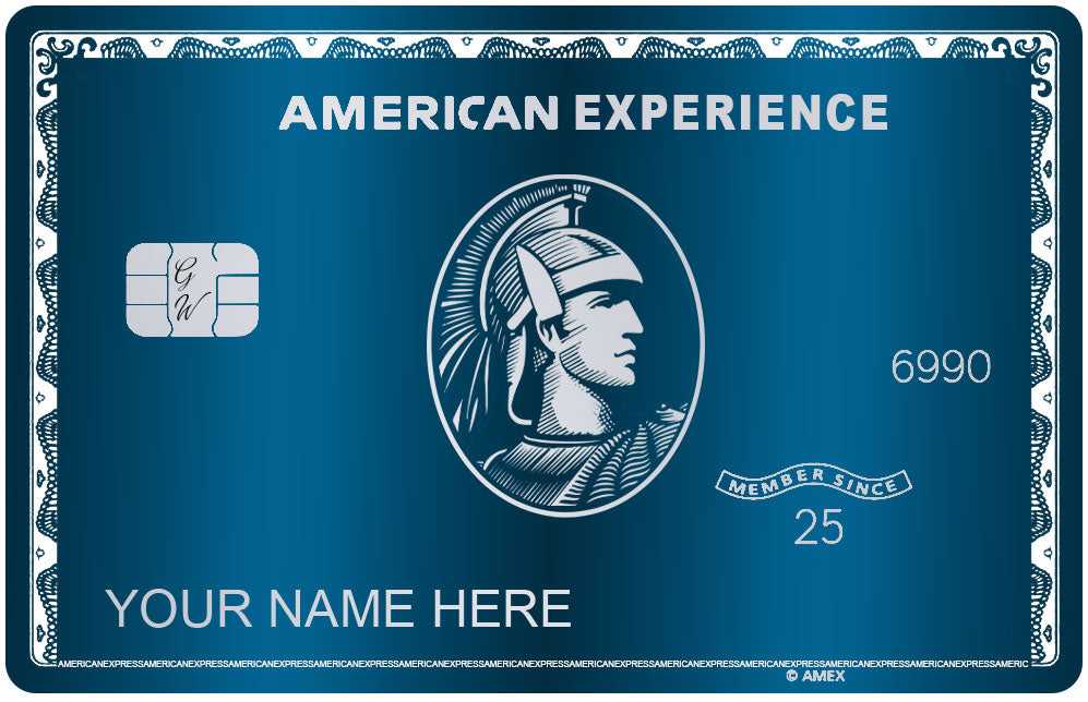 Blue metal credit card with 'American Experience', chip, and personalized name engraving.