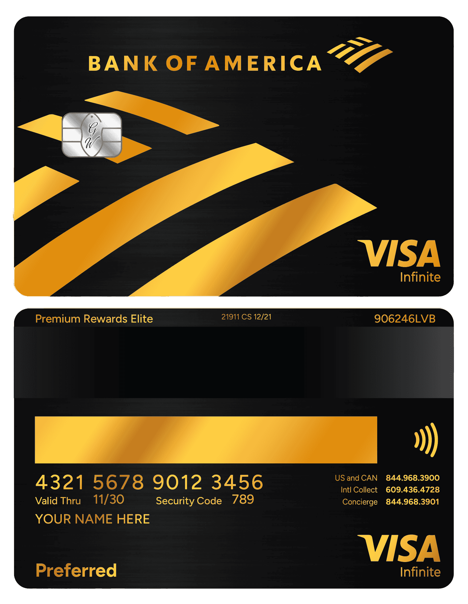 Bank of America gold metal card with Visa Infinite, black and gold design, chip, and embossed details