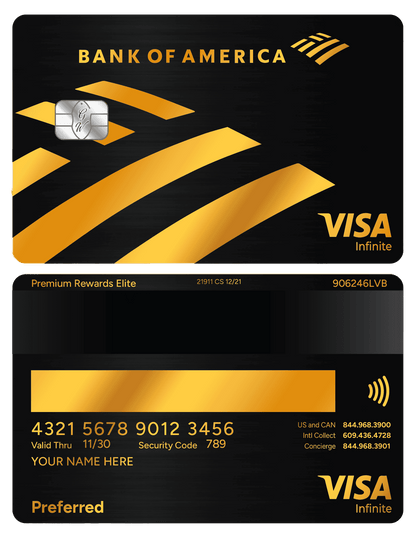 Bank of America gold metal card with Visa Infinite, black and gold design, chip, and embossed details