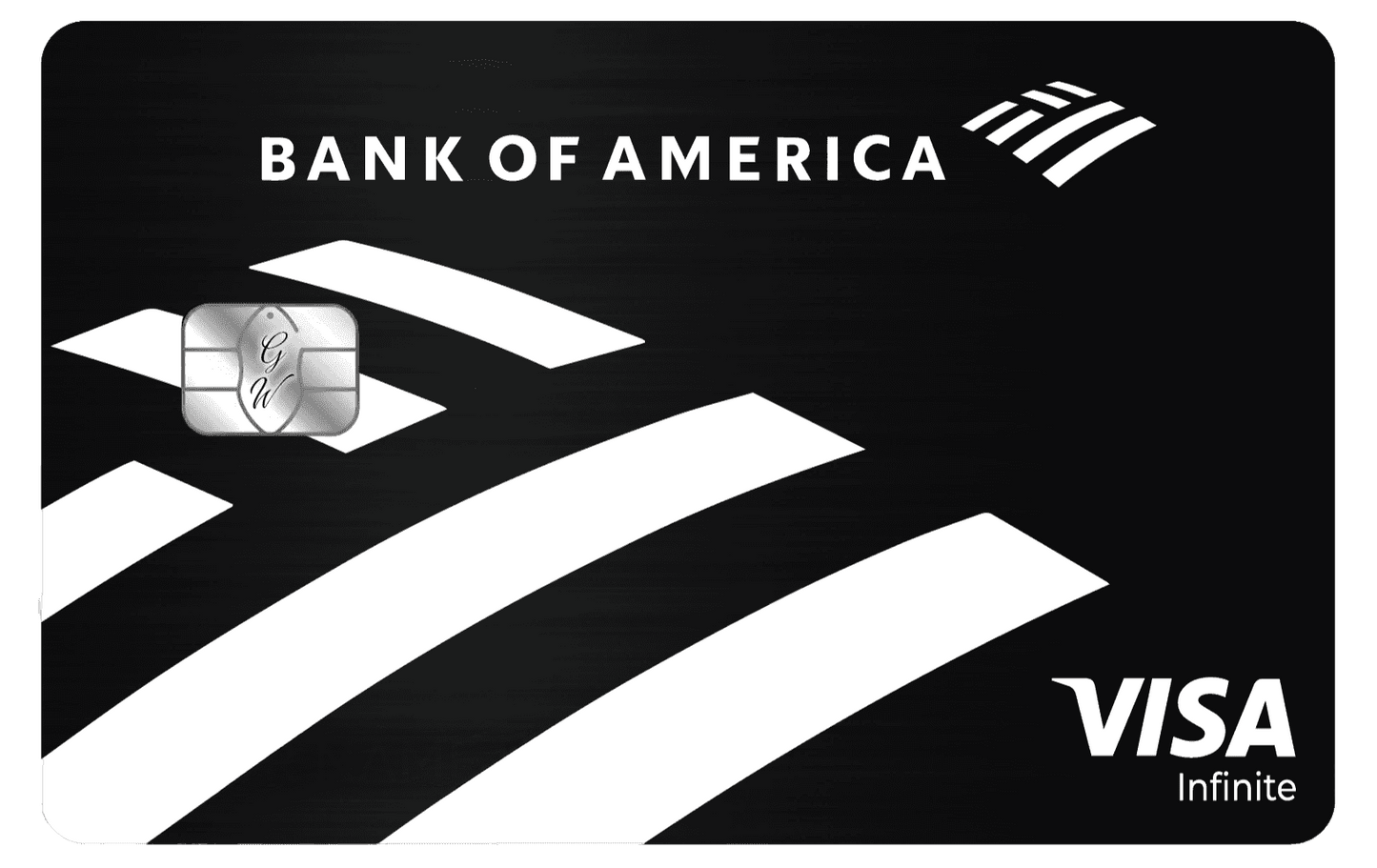 Black metal Bank of America Visa Infinite card with silver chip and bold white logo accents