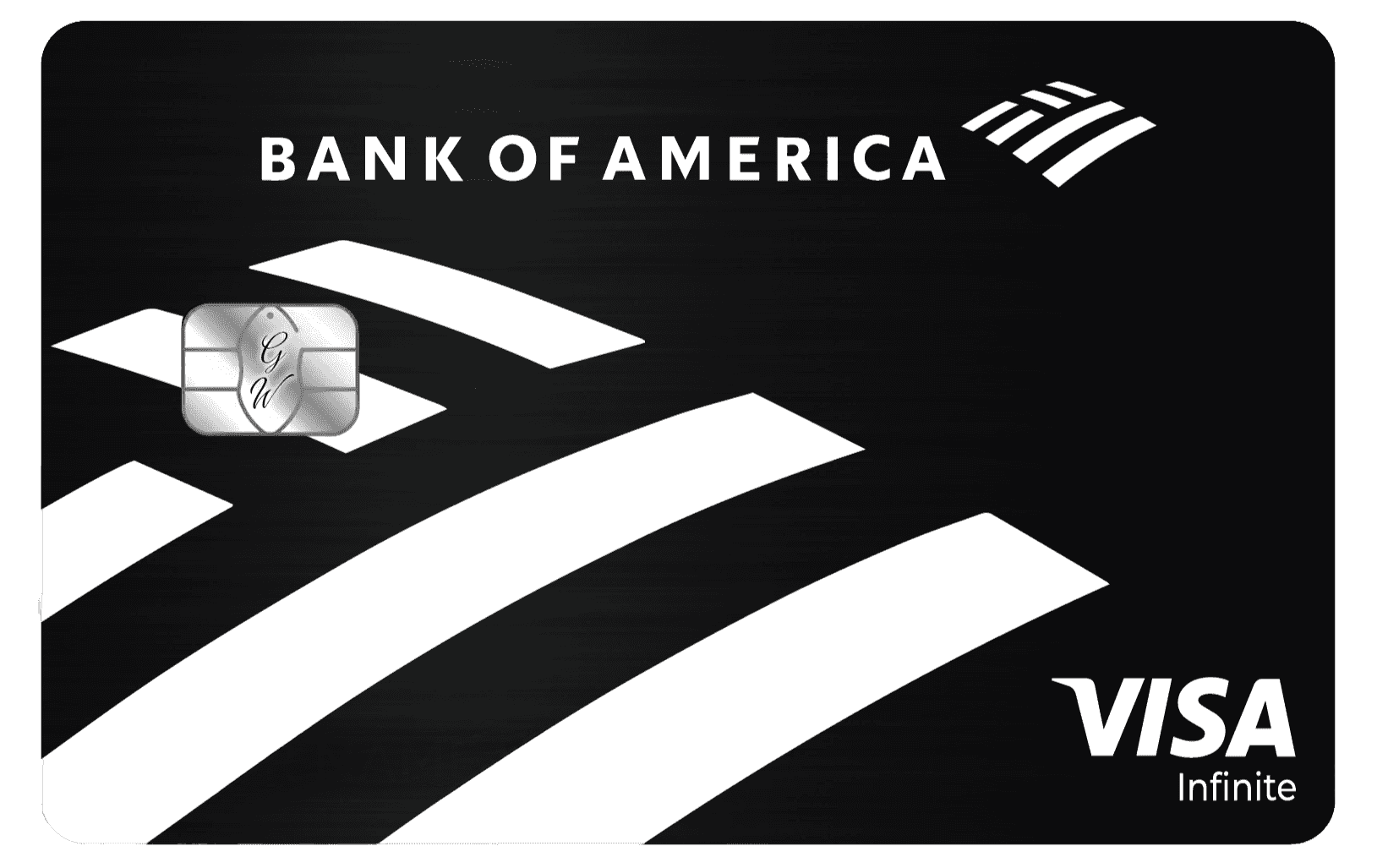 Black metal Bank of America Visa Infinite card with silver chip and bold white logo accents