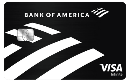 Black metal Bank of America Visa Infinite card with silver chip and bold white logo accents