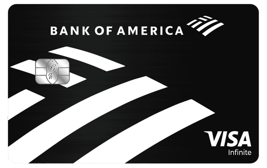 Black metal Bank of America Visa Infinite card with silver chip and bold white logo accents