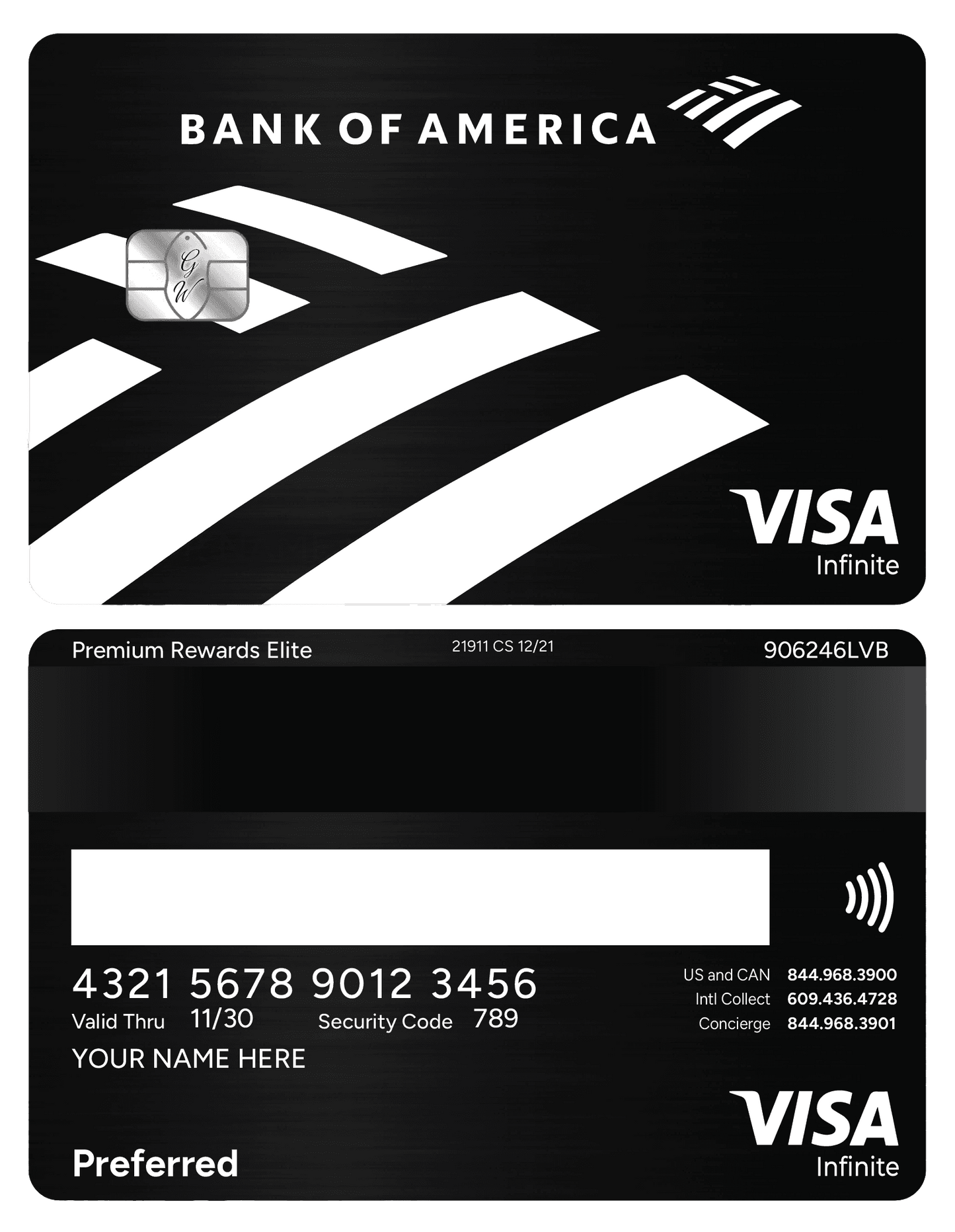 Metal Bank of America black credit card with Visa Infinite branding, front and back view