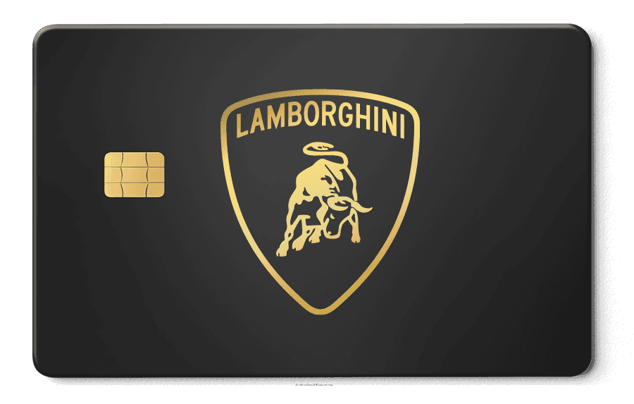 Black metal card with gold Lamborghini logo and chip, luxury custom metal payment card
