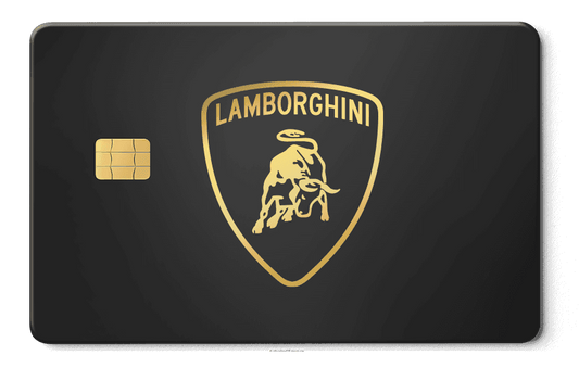 Black metal card with gold Lamborghini logo and chip, luxury custom metal payment card