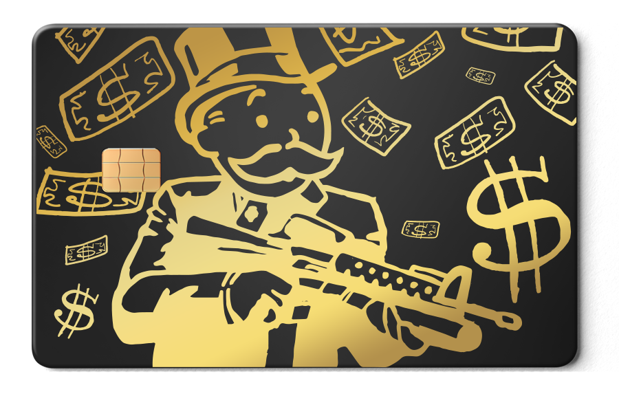 Black metal card with gold cartoon man in top hat holding rifle, surrounded by cash and dollar signs