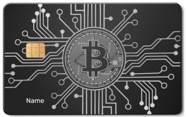 Metal card featuring Bitcoin symbol with circuit design and chip, crypto-themed payment card
