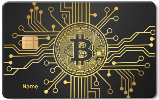 Metal card with gold Bitcoin design and chip on black background