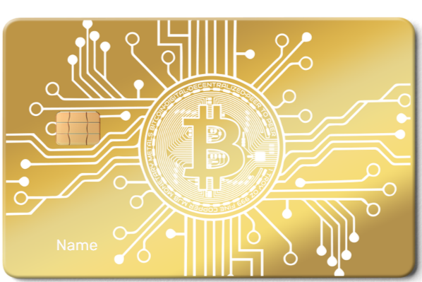 Gold metal card with Bitcoin logo, microchip, and digital circuit pattern design