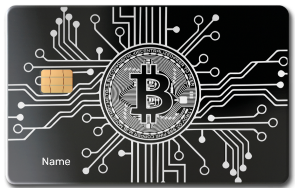 Metal card featuring Bitcoin logo with circuit board design on black background