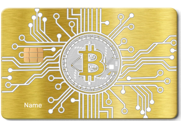 Gold metal Bitcoin card with chip, circuit design, and personalized name field