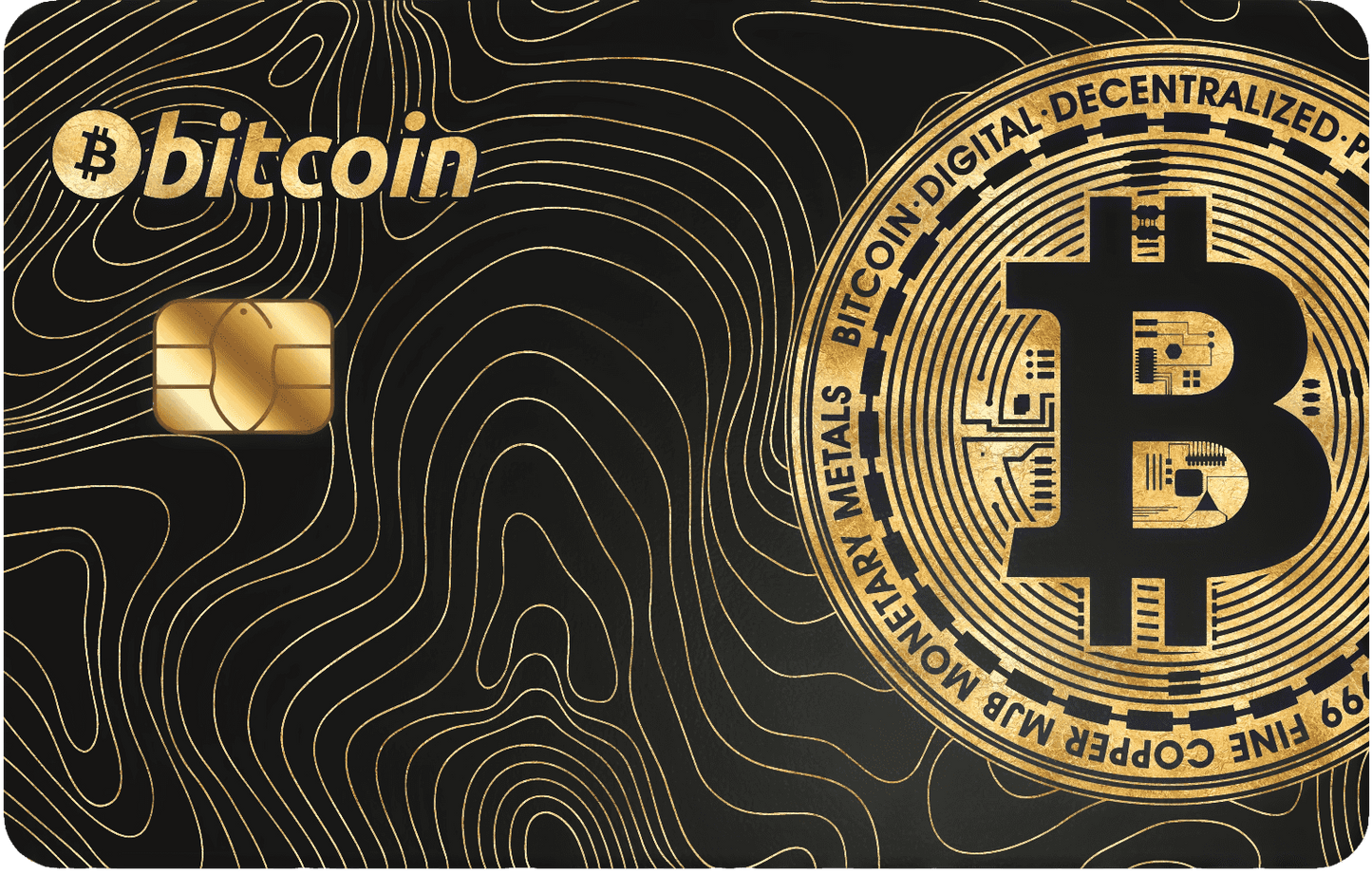 Gold Bitcoin metal card with chip, black background, and contour line design