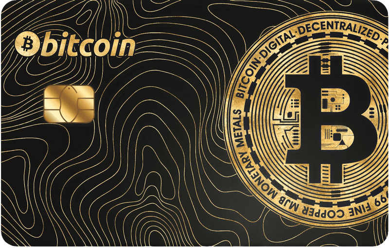Gold Bitcoin metal card with chip, black background, and contour line design