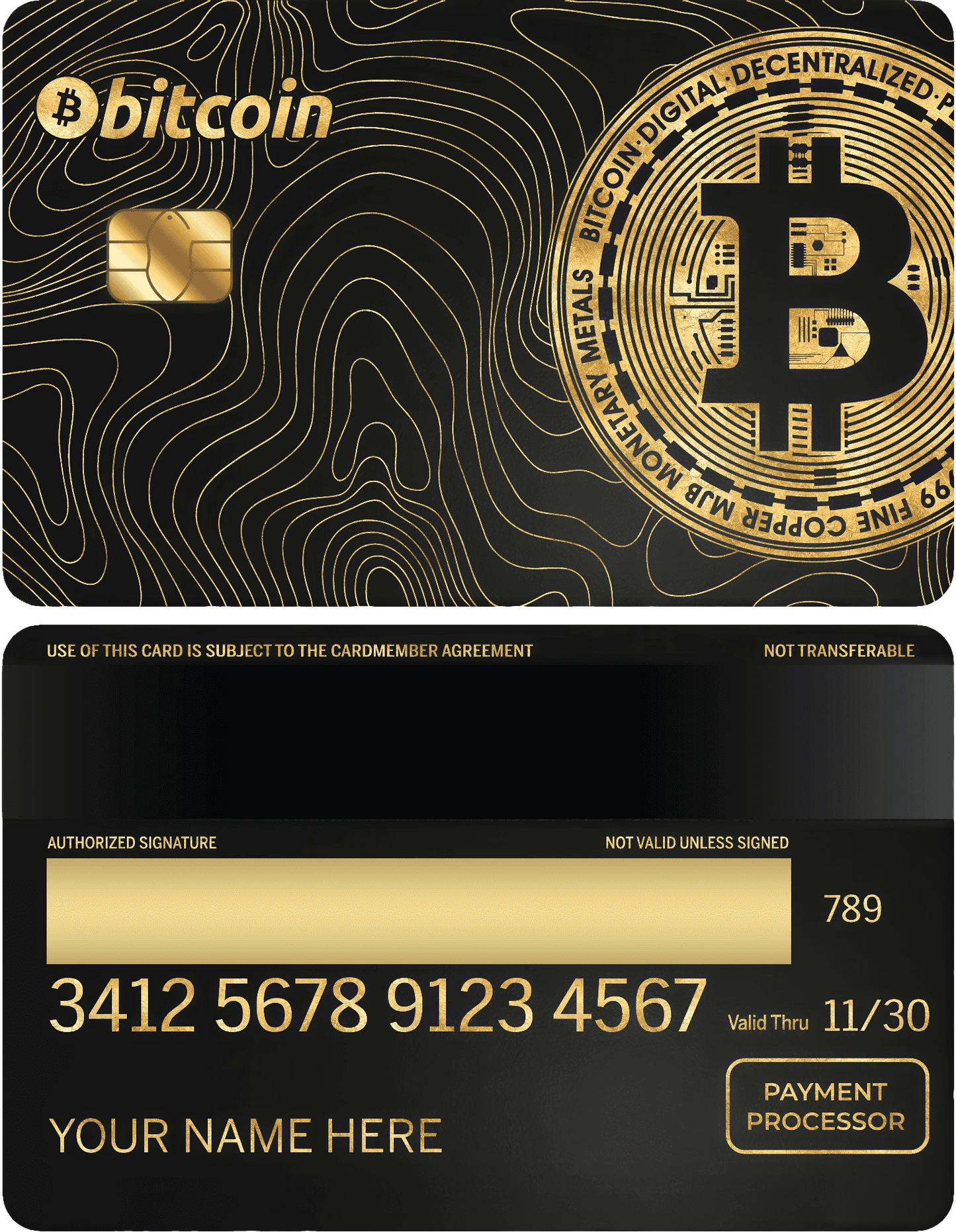 Bitcoin-themed metal card with gold chip and black-gold design, featuring crypto branding.
