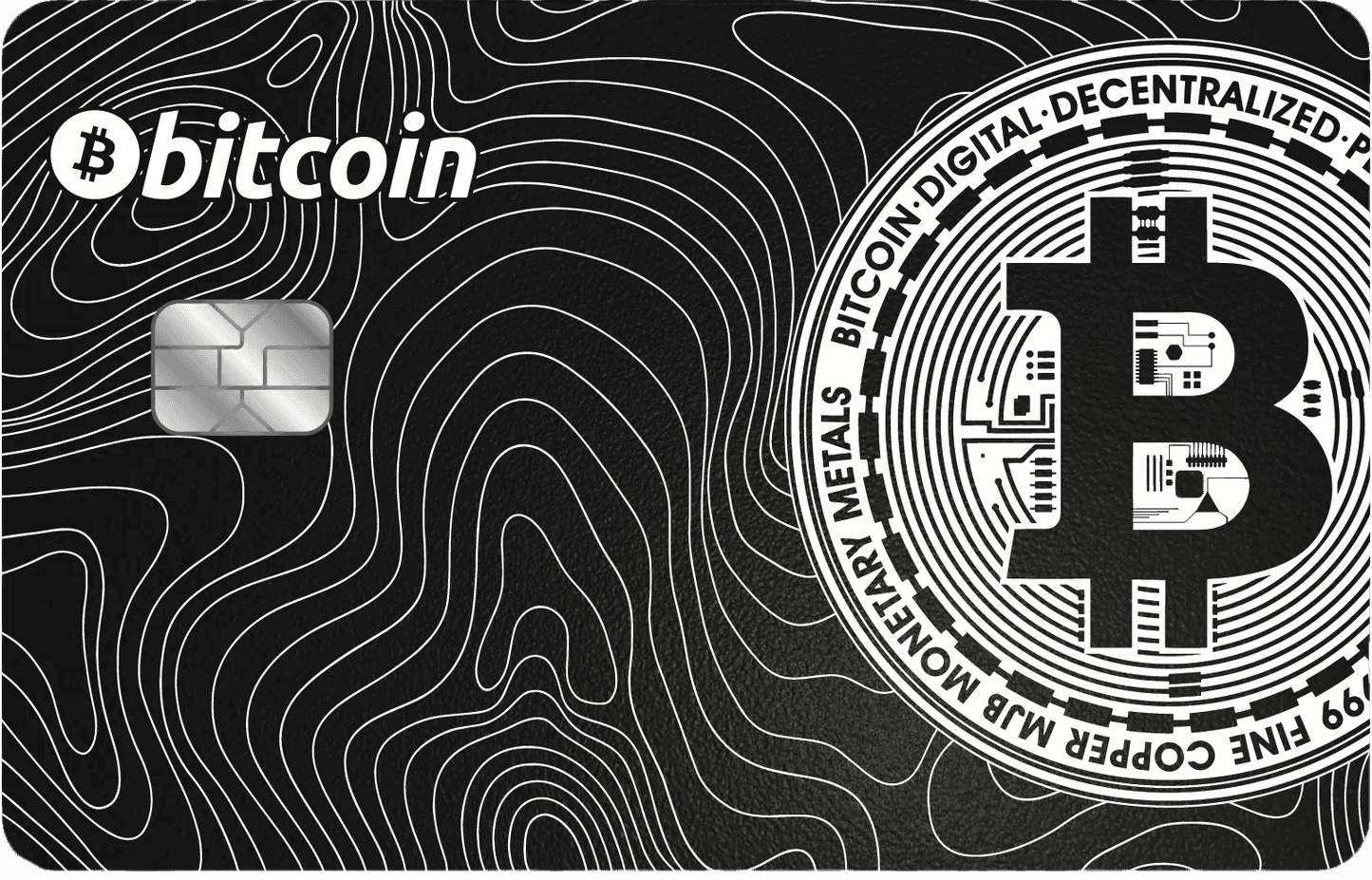 Silver metal Bitcoin card with chip, circuit design, and topographic black background