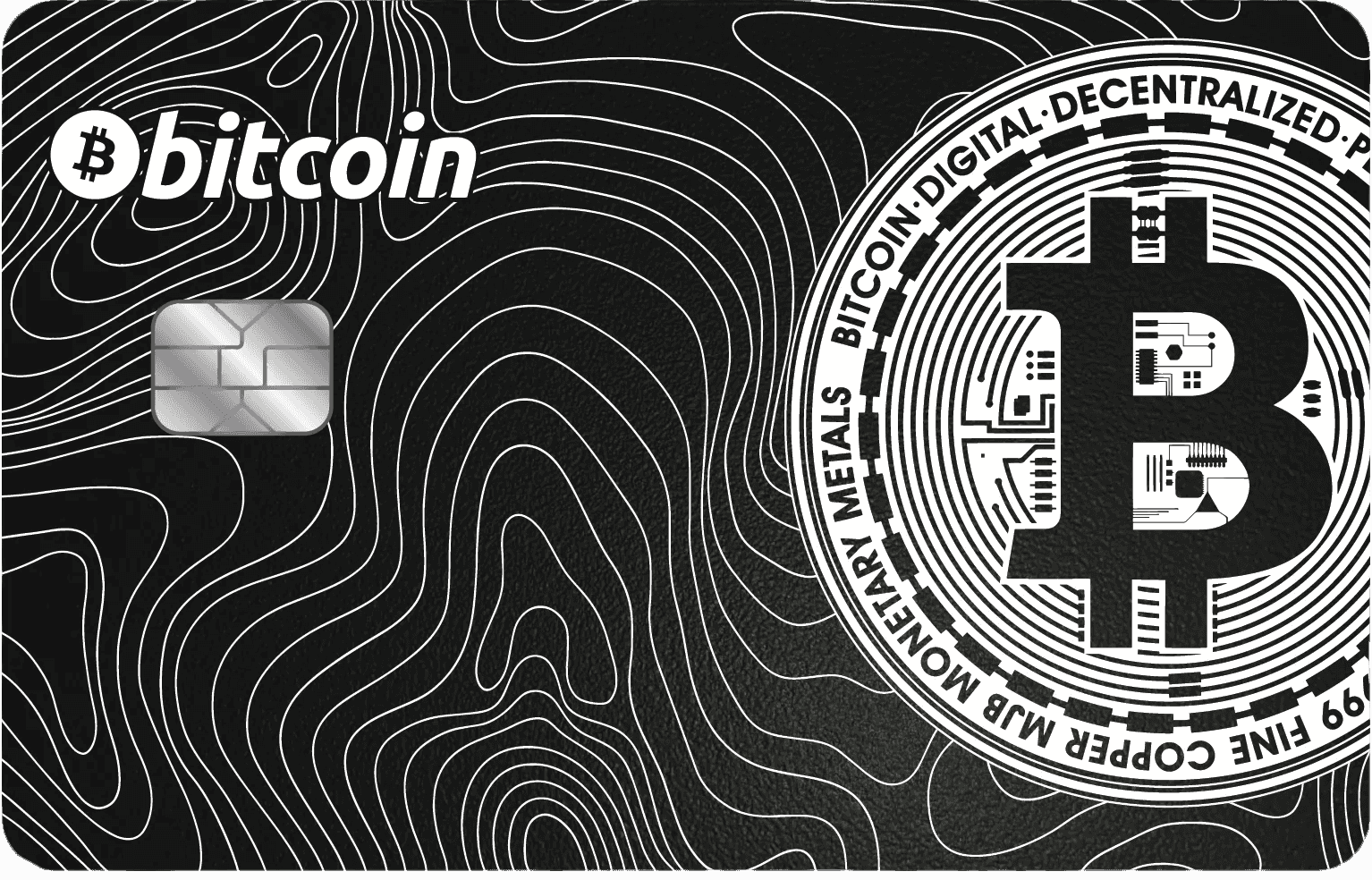 Silver metal Bitcoin card with chip, circuit design, and topographic black background